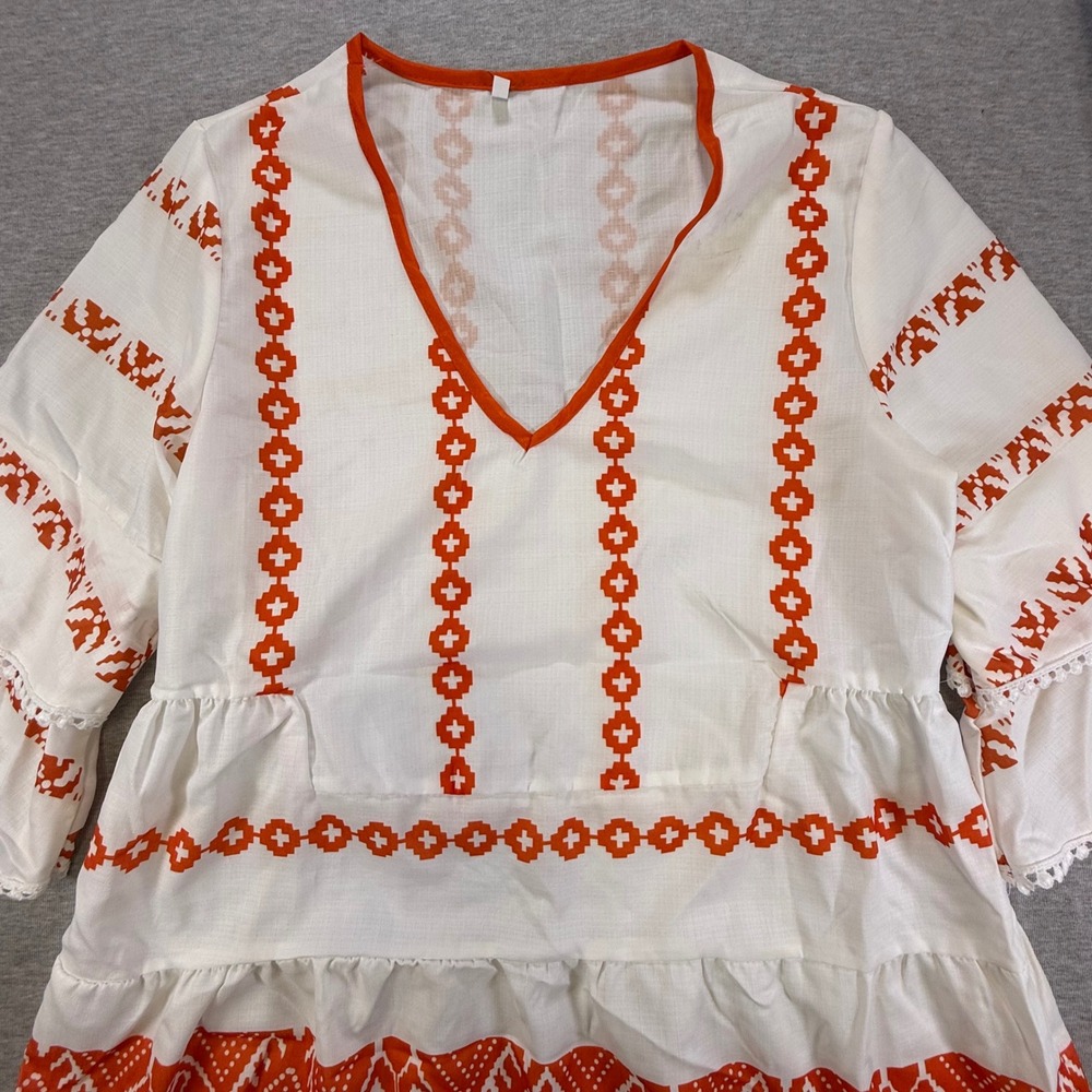 Boho White Orange Geometric Embroidered Babydoll Tunic Top Bell Sleeve Large